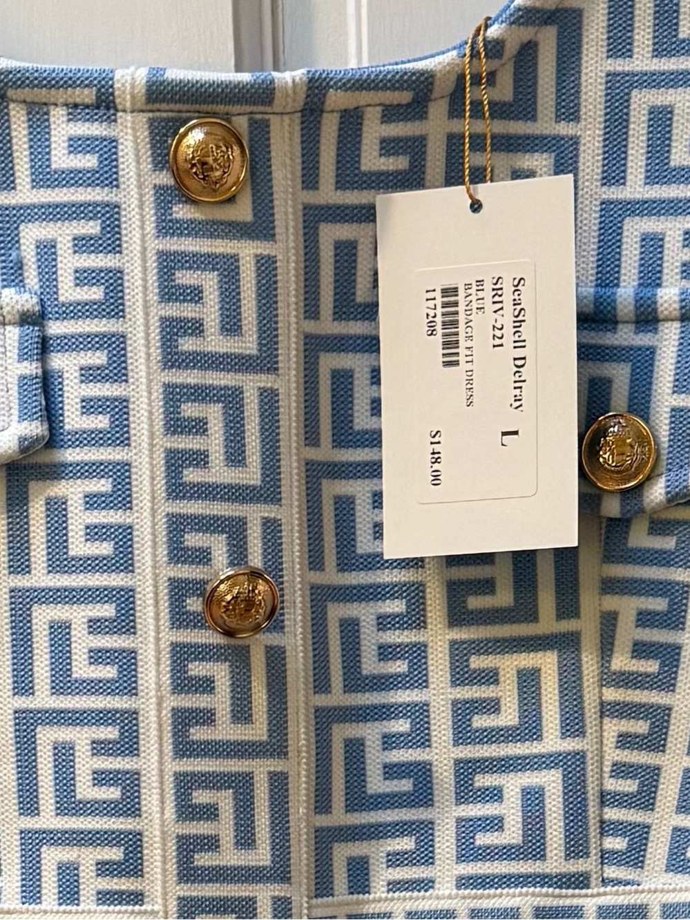 Blue Geometric Knit Dress with Gold Buttons - Picture 2 of 6